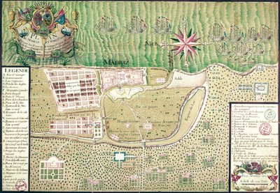 Karte von Madras zur Zeit der Eroberung der Stadt und der Festung St. George im Jahr 1746 durch die Franzosen unter dem Kommando von Mahe de la Bourdonnais, 1750 von Maurille Antoine Moithey